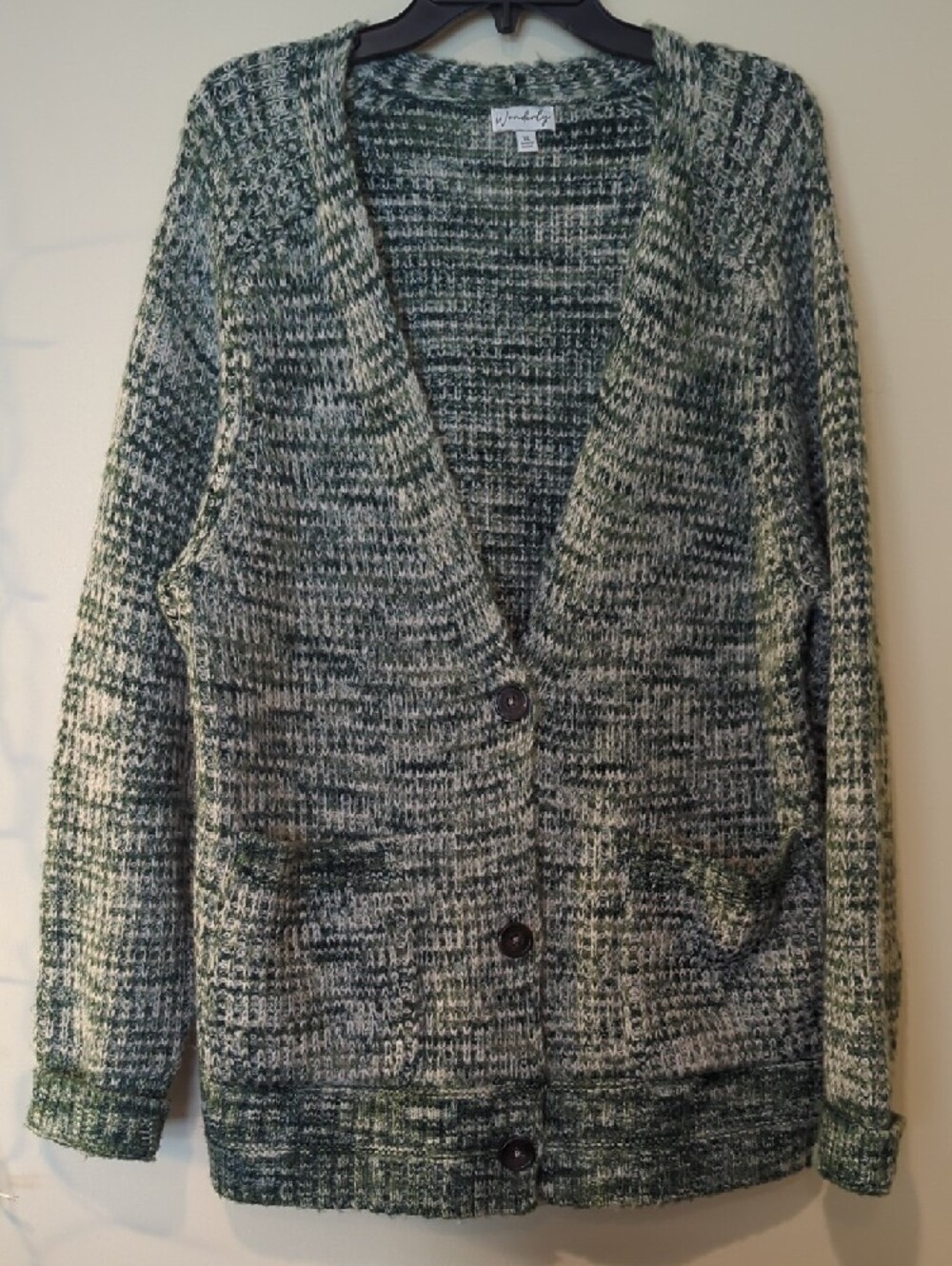 Wonderly Marled Green & Cream V-Neck Button Cardigan, Size XL